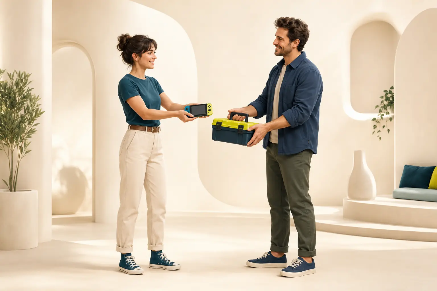 Dos personas realizando un trueque de objetos útiles