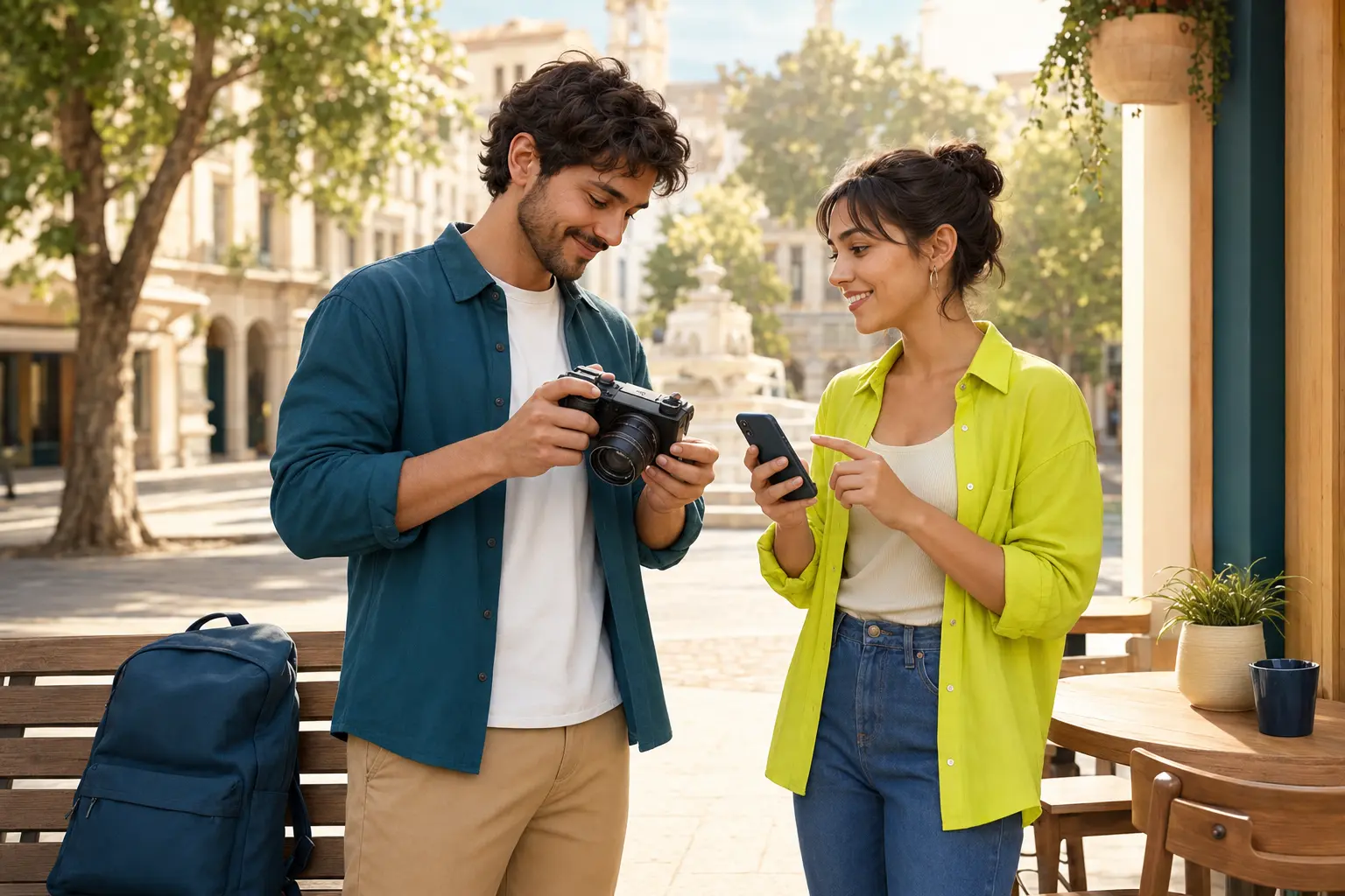 Dos personas revisando un objeto antes de concretar un trueque seguro
