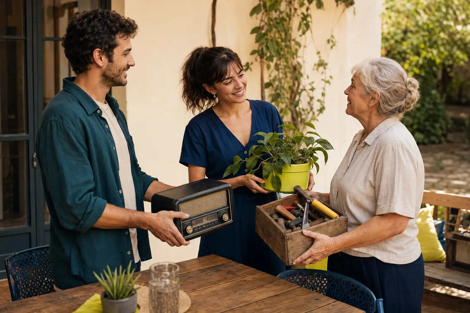 Vecinos intercambiando una radio, herramientas y una planta en un patio familiar
