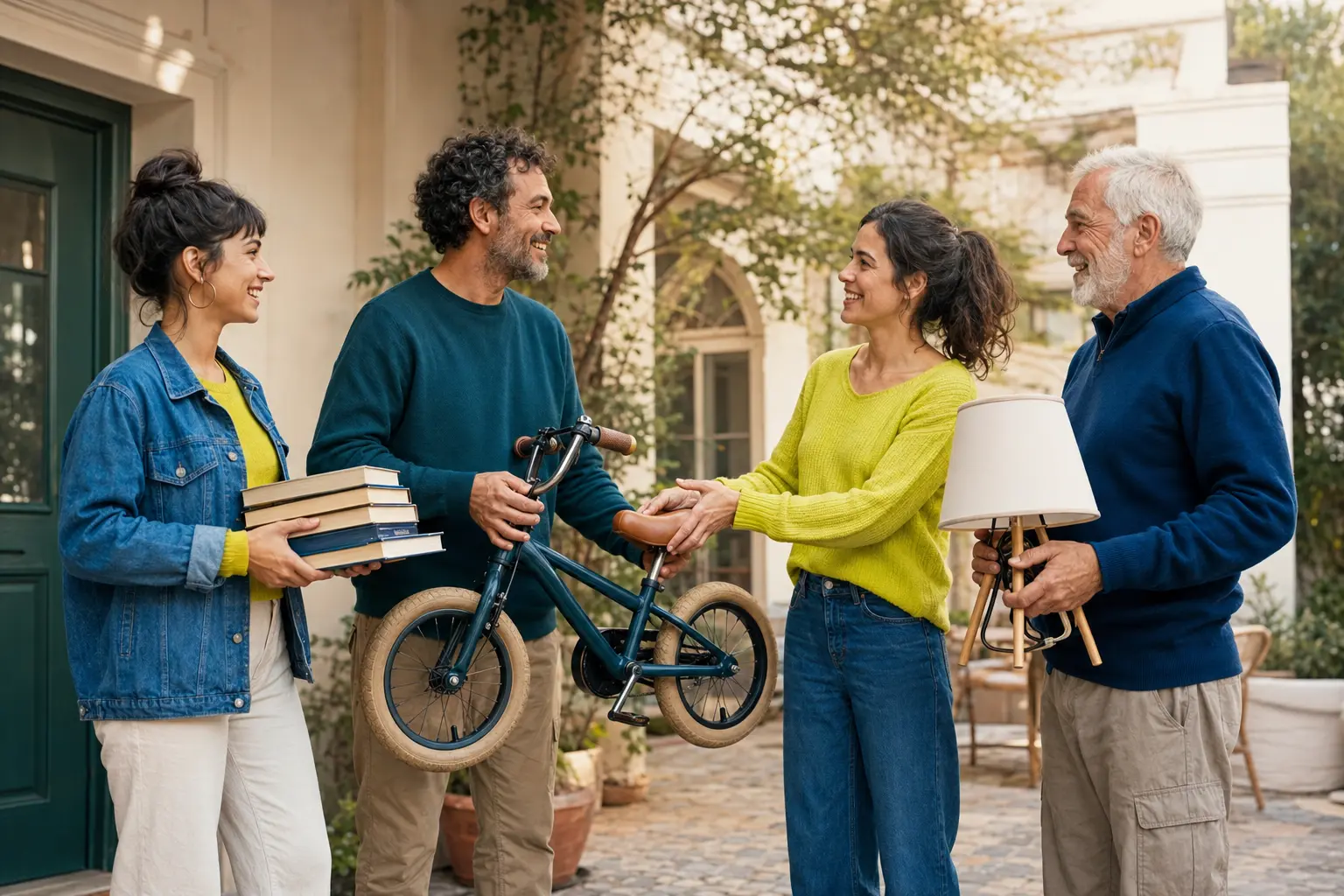 Personas de distintas edades compartiendo libros, una bicicleta y una lámpara mediante un trueque